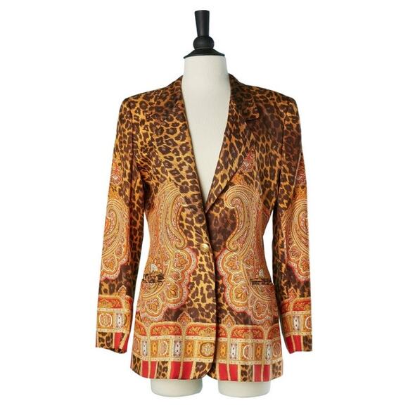Escada Vintage Brown Leopard Print Red & Gold Paisley Silk Size 36 EU 4 US